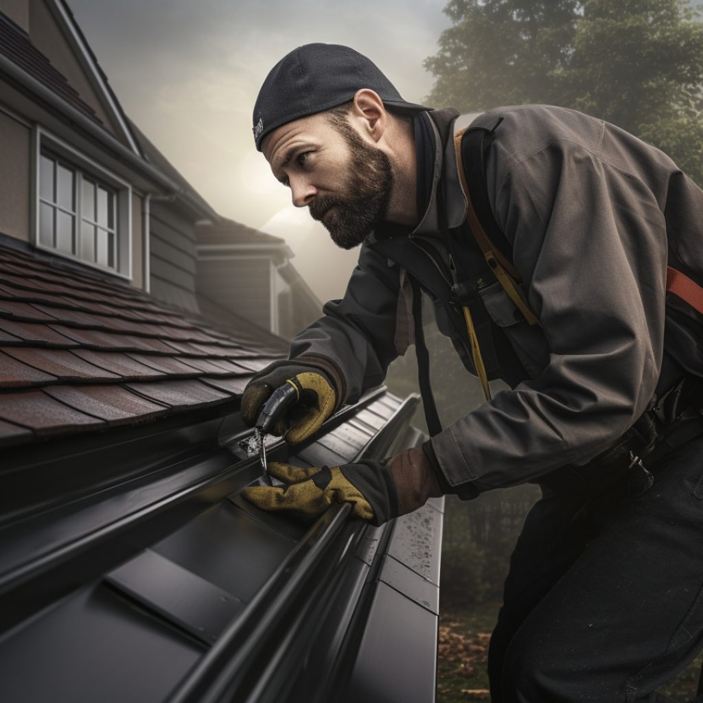 A professional installing a new gutter on a house.
