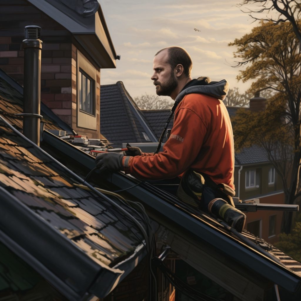 A gutter professional on a roof with paint