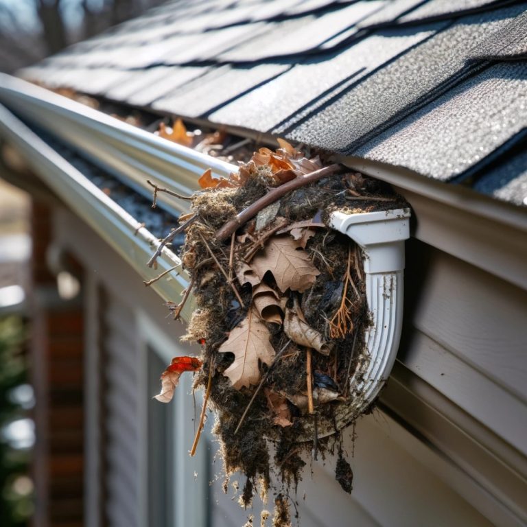 An image of a clogged gutter filled with debris.