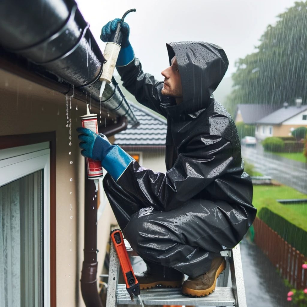 A homeowner fixing a leaking gutter.