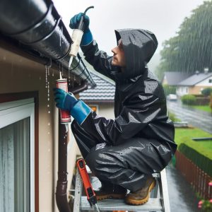 A homeowner fixing a leaking gutter.