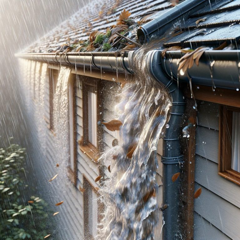 A gutter with water overflowing.