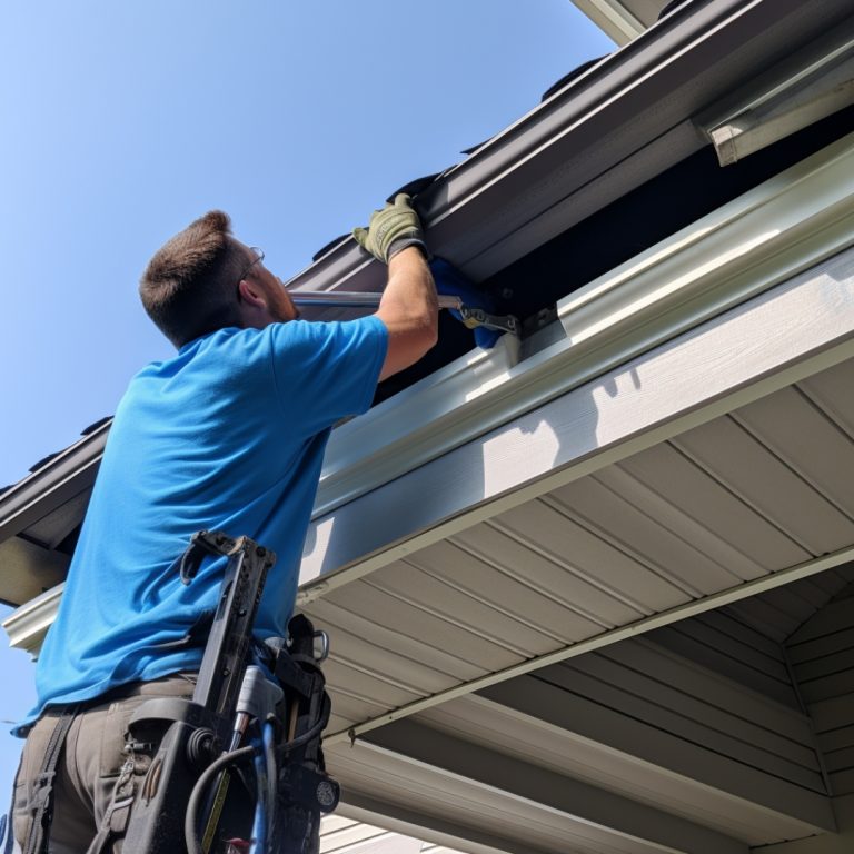 A gutter specialist repairing soffit and fascia of a house.